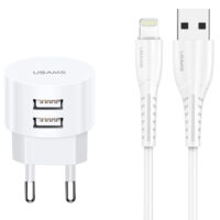 USAMS φορτιστής τοίχου T20 & καλώδιο Lightning, 2x USB, 2.1A, λευκός  - 1m