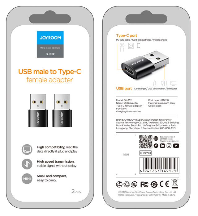 JOYROOM αντάπτορας USB σε USB Type-C S-H152, μαύρος, 2τμχ - Image 3