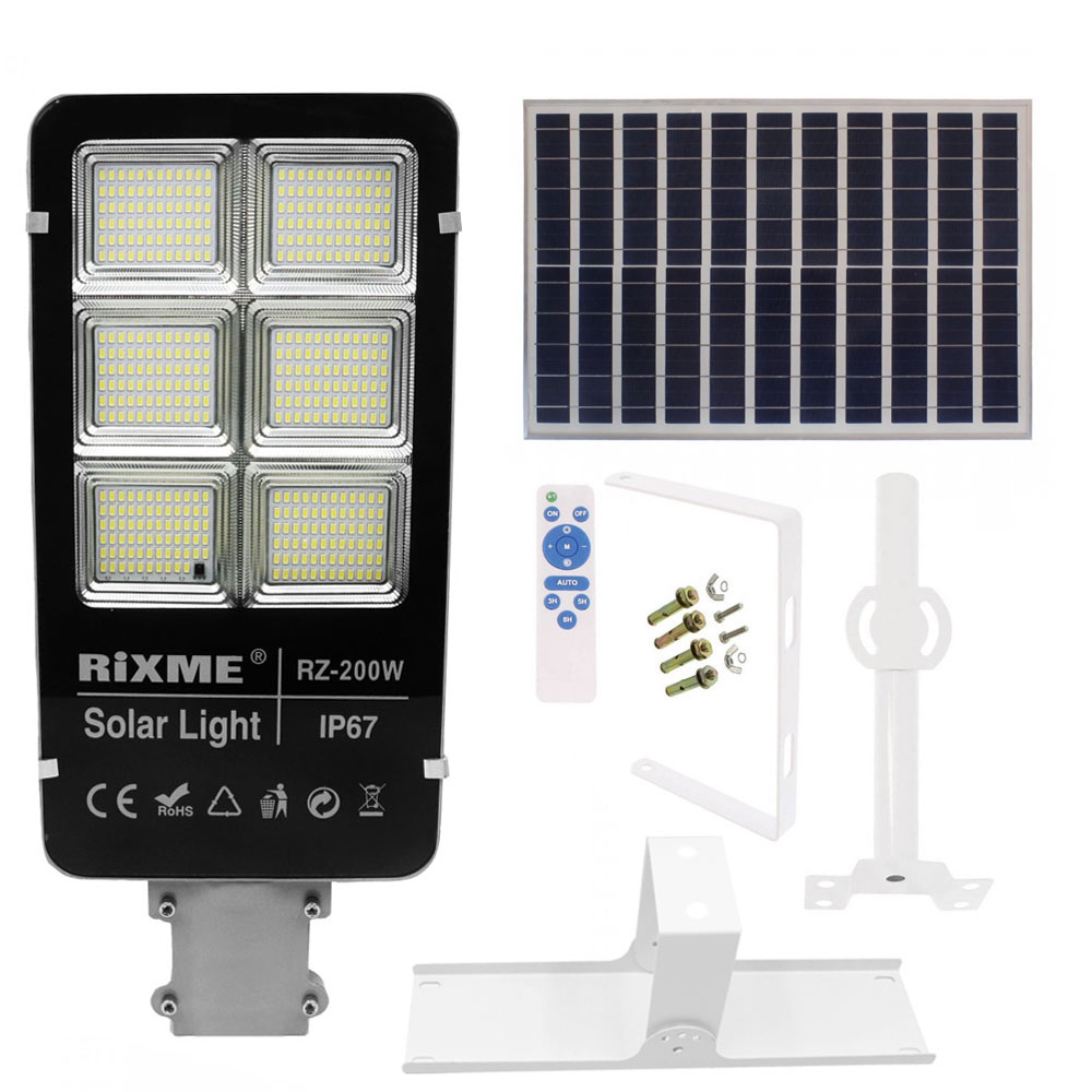 Led Αδιάβροχο Ηλιακό Φωτιστικό Δρόμου 200W 34400LM με Βάση Στήριξης και Τηλεχειριστήριο Rixme RZ-200W