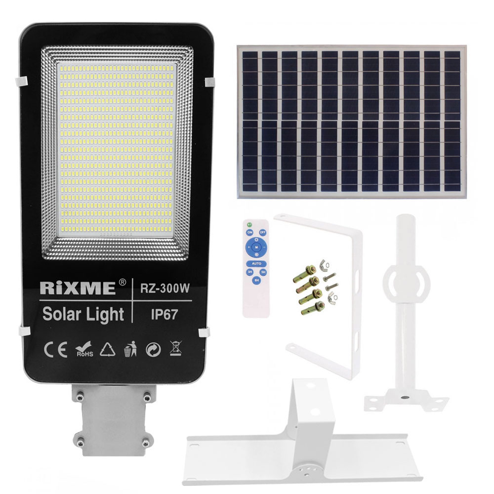 Led Αδιάβροχο Ηλιακό Φωτιστικό Δρόμου 300W 50400LM με Βάση Στήριξης και Τηλεχειριστήριο Rixme RZ-300W