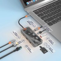 Διανομέας 8 σε 1 Type-C Με 2 Θύρες USB-3.0, 2 Θύρες Type-C, 1 Θύρα HDTV, 1 Θύρα LAN, Θύρες TF/SD 100W A-013 Διαφανής θήκη