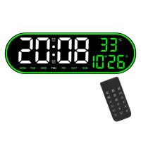 Μεγάλο ψηφιακό ρολόι τοίχου LED 38cm x 3cm x 12cm με ένδειξη θερμοκρασίας, ημερομηνίας, φωτισμό περιβάλλοντος, διπλό ξυπνητήρι τηλεχειριστήριο και καλώδιο 3 μέτρων 16961-8021 Μαύρο περίβλημα, Πράσινα-Λευκά ψηφία